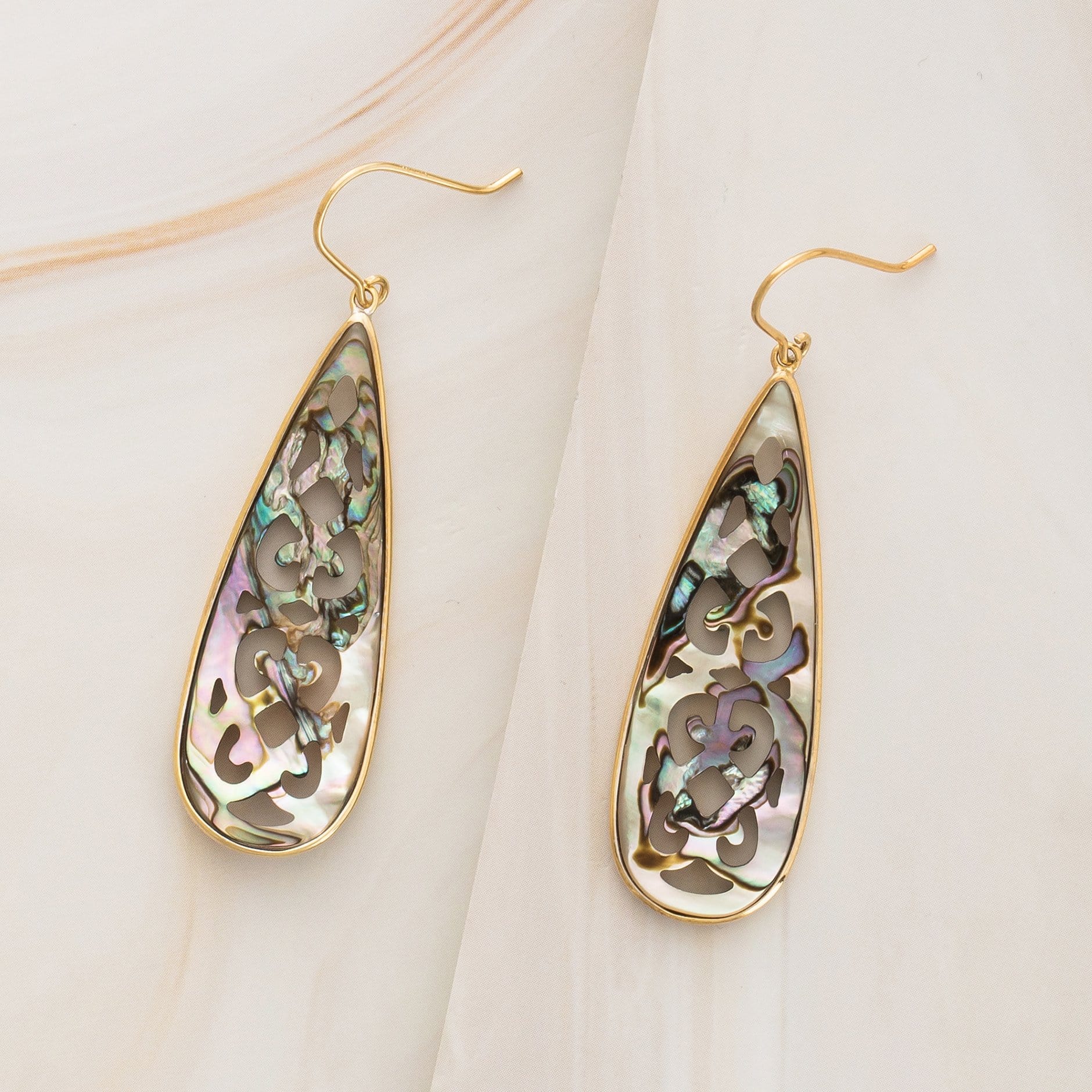 Micki Olaguer Earrings Gold Tone / Peacock Cathedral Mother-of-Pearl Drop Earrings